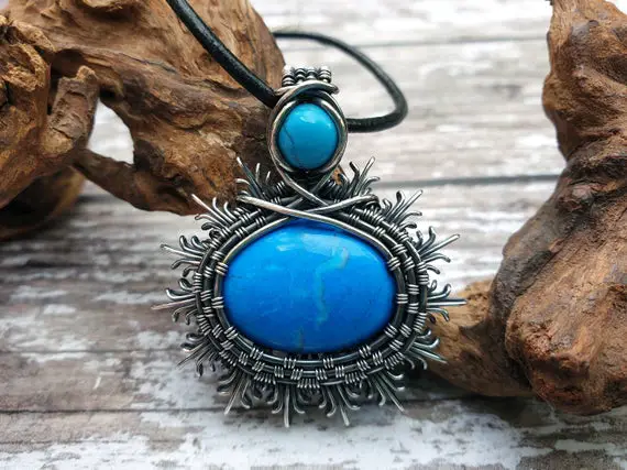 Turquoise Sunburst Pendant, Wire Wrapped Jewellery, Turquoise Necklace, December Birthstone Necklace