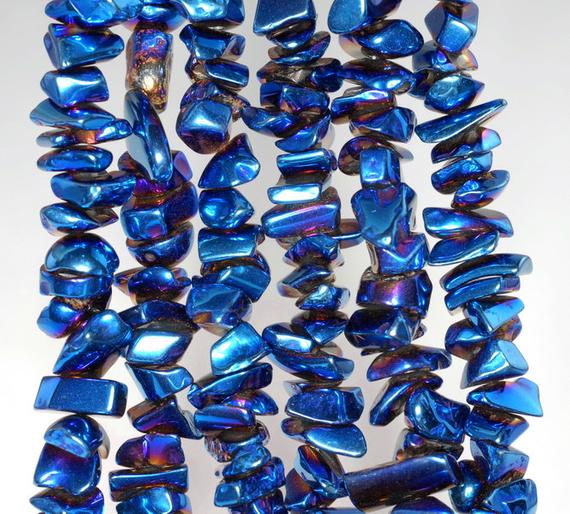 6x3-10x5mm Titanium Blue Hematite Gemstone Pebble Chips Loose Beads 7-8 Inch Half Strand (90185642-844)