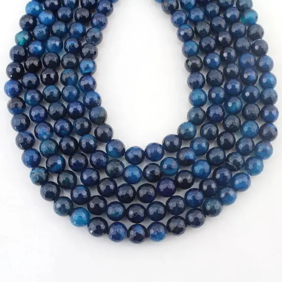 8mm Dark Blue Faceted Agate Beads, Gemstone Beads,rondelle Beads,loose Round Beads, Dark Blue Sapphire Beads For Diy Jewelry Necklace--eb318