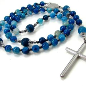 Shop Agate Necklaces! Blue Agate Rosary Necklace 5 decades with Stainless Steel Cross, Natural Gemstone Rosary for Men or Women, Cross Beaded Necklace + Gift Box | Natural genuine Agate necklaces. Buy handcrafted artisan men's jewelry, gifts for men.  Unique handmade mens fashion accessories. #jewelry #beadednecklaces #beadedjewelry #shopping #gift #handmadejewelry #necklaces #affiliate #ad