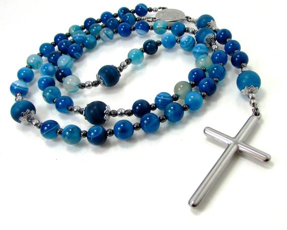 Blue Agate Rosary Necklace 5 Decades With Stainless Steel Cross, Natural Gemstone Rosary For Men Or Women, Cross Beaded Necklace + Gift Box
