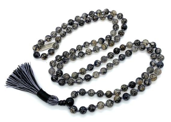 Aaa Gray Dragon Vein Agate Mala Beads Necklace Dragon Veins Agate Knotted Necklace For Men Women Agate Necklace Black And White Agate