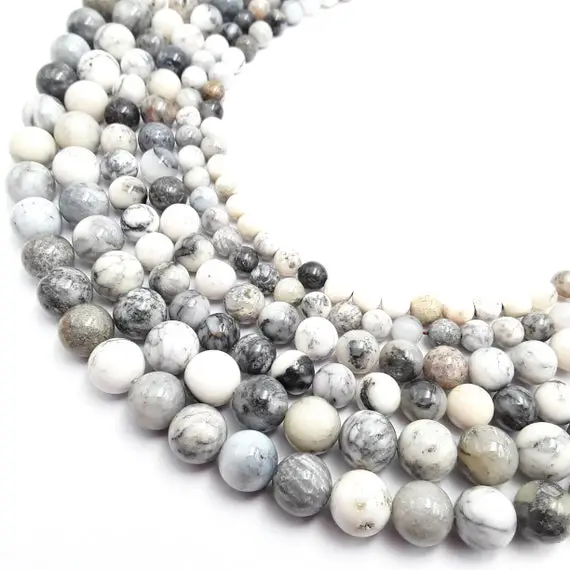 Dendritic White Agate Smooth Round Beads 4mm 6mm 8mm 10mm 12mm 15.5" Strand