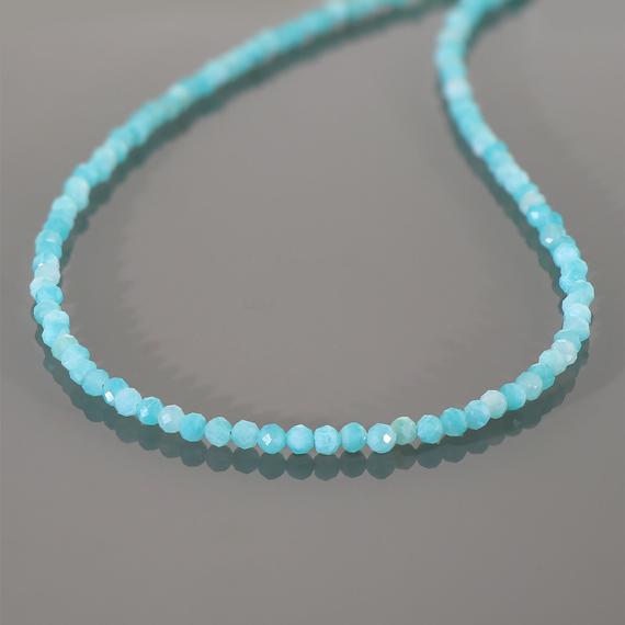 Amazonite Beaded Necklace /sea Blue Gemstone Beads/ 18 Inch /natural Amazonite 3mm Faceted Round Beads Necklace/peruvian Amazonite Necklace