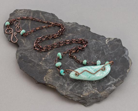 Long Copper Necklace, Tumbled Stone Pendant, Aqua Necklace, Amazonite Natural Stone Pendant,  Sideways Stone Necklace