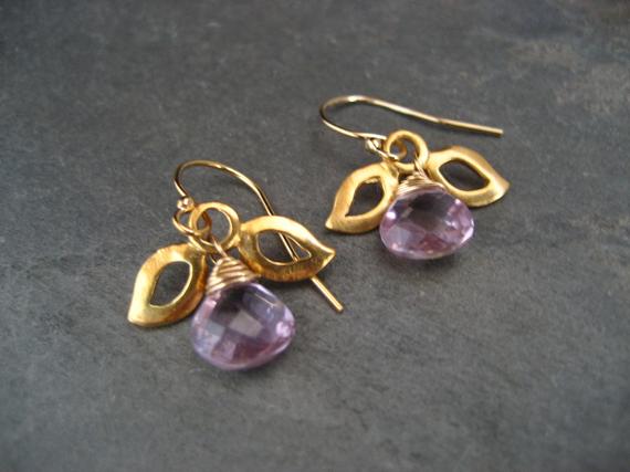 Amethyst Earrings, Leaf Dangle, Light Purple Dangle, Genuine Stones, Briolette Beads