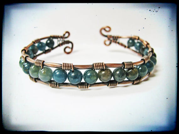 Copper And Apatite Wire Wrapped Cuff Bracelet