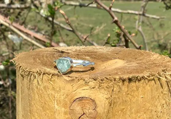 Raw Gemstone Silver Ring With Blue Apatite, Rough Natural Gemstone Silver Ring, Boho Womens Jewellery