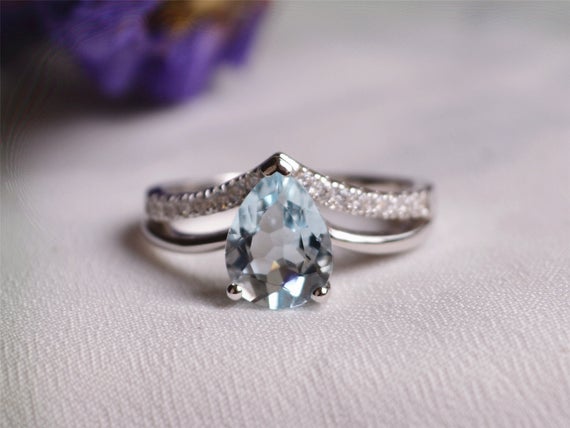 7*9 Mm Pear Aquamarine Ring Aquamarine Engagement Ring/ Wedding Ring Anniversary Ring Promise Ring