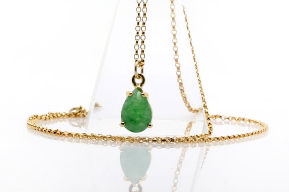 Green Aventurine Necklace · 18k Teardrop Pendant · 14k Gemstone Necklace · Gold Stone Necklace · Green Pendant · Unique Vintage Necklace