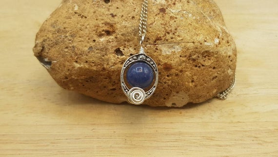 Minimalist Blue Aventurine Pendant Necklace. Reiki Jewelry Uk. Women's Silver Plated Wire Wrap Oval Frame Necklace. 10mm Stone