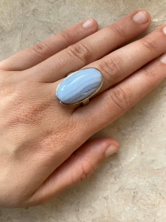 Natural Blue Lace Agate Handmade Sterling Silver Ring // Blue Lace Oval Agate Ring // Blue Lace Agate // Agate