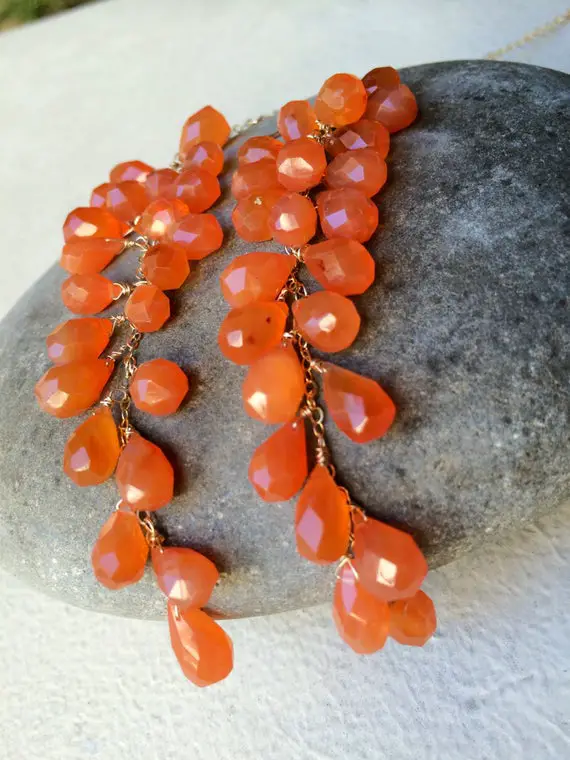 Earrings Orange Carnelian, Long 14k Gold Fill Cascades, Wire Wrapped, Natural Gemstones
