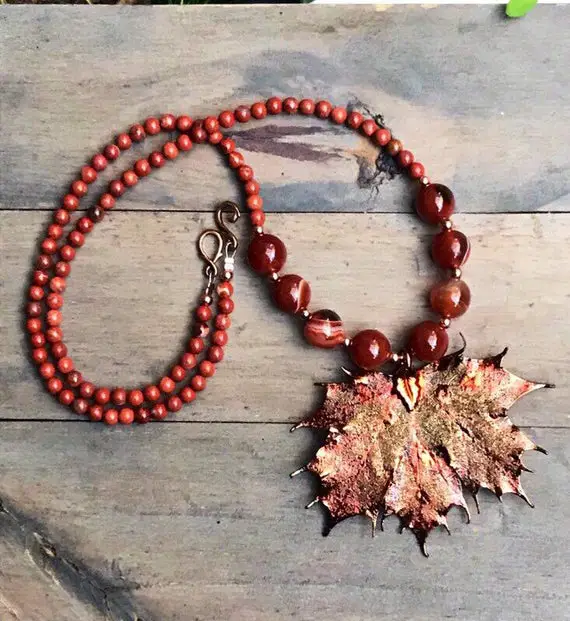 Carnelian Orange Brown Leaf Necklace, Autumn Gemstone Jewelry.  Unique One Of A Kind Gift