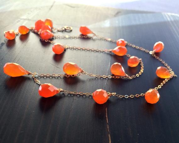 Orange Carnelian Necklace. Wire Wrapped. Delicate Chain Necklace. Gemstone. Teardrop. Gold Jewelry. 14k.  April Birthday Stone