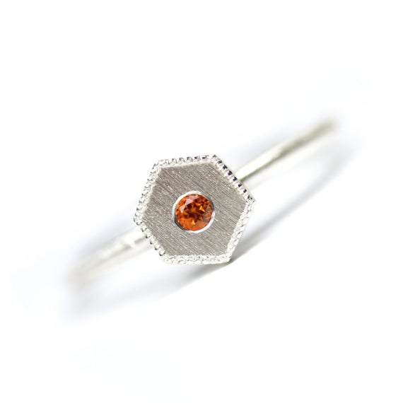 Honeycomb Citrine Silver Ring Geometric Modern Orange November Birthstone Hexagon Delicate Minimalistic Stackable Milgrain Edge - Golden Geo