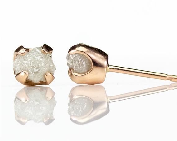14k Rose Gold Earrings With Rough Diamonds - Natural Unfinished Raw Stones White - 6mm Gold Post Earrings