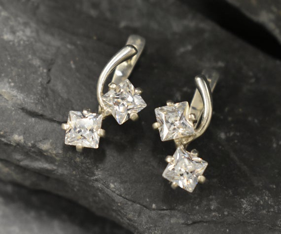 Silver Diamond Earrings, April Birthstone Earrings, Princess Cut Earrings, Cz Diamond Earrings, Sparkly Diamond Studs, Bands By Adina