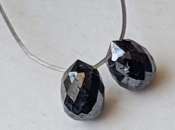3.4x4.5mm Black Diamond Faceted Briolette Beads, 2 Pcs Matched Pair Drops, Natural Sparkling Rough Diamond Tear Drops, Raw Diamonds - Ppd651