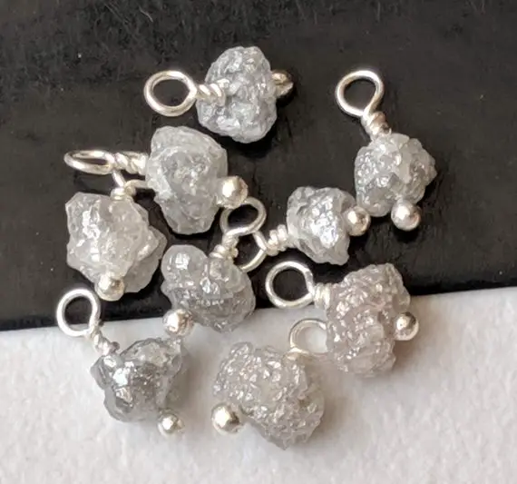 4-4.5mm Grey White Raw Diamond 925 Sterling Silver Wire Wrapped Diamond Rondelle Beads, 5 Pcs Rough Diamond Jewelry Hangings - Ppd572