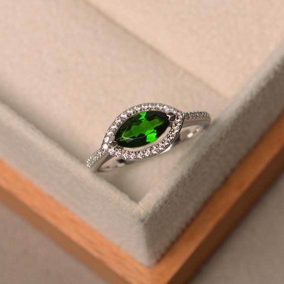 Promise Ring, Natural Diopside Ring, Marquise Cut Green Gemstone, Sterling Silver Ring, Halo Ring