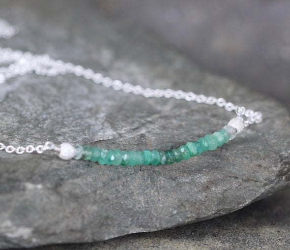 Emerald Necklace - Ombre Emerald Bar Pendant - Sterling Silver - Beaded Gemstone - May Birthstone - Modern Everyday Jewelry