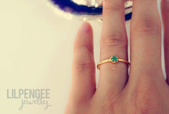 3mm Emerald Gold Ring. Hexagon Gem Gold Vermeil Dainty Ring Geometric Stacking Ring Green Gem Emerald Stone Forest Green