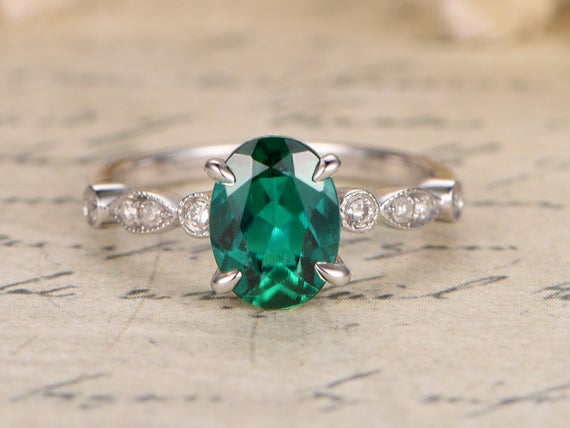 Emerald Engagement Ring 14k White Gold Oval Emerald Ring May Birthstone Ring Art Deco Wedding Band Bezel Set Eternity 6x8mm Emerald Ring