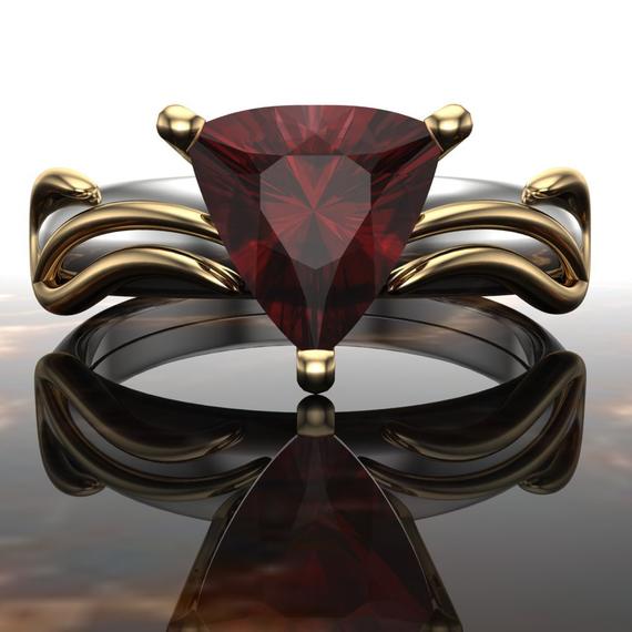 Red Garnet Trillion Ring In 14k Gold | Mixed Metal Swirl Band | Usa Custom Made | "amal"