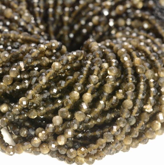3mm Golden Obsidian Gemstone Micro Faceted Round Grade Aaa Beads 15.5inch Wholesale (80010198-a193)