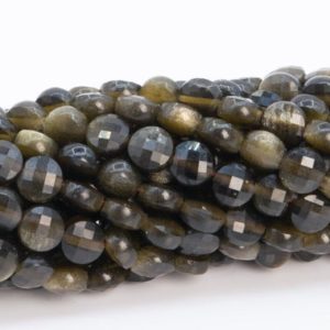 Shop Obsidian Faceted Beads! 4MM Golden Obsidian Beads Faceted Flat Round Button Grade AA Genuine Natural Gemstone Loose Beads 15" / 7.5" Bulk Lot Options (111689) | Natural genuine faceted Obsidian beads for beading and jewelry making.  #jewelry #beads #beadedjewelry #diyjewelry #jewelrymaking #beadstore #beading #affiliate #ad