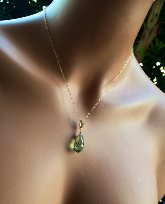 Green Amethyst Pendant Necklace 14k Gold Fill. Gemstone Teardrop Pave Jewelry. Gift For Her.