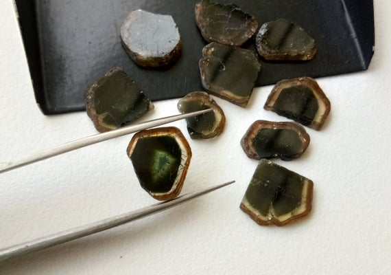 9-12mm Green Tourmaline Slices, Loose Green Tourmaline Gemstones, 5 Pieces Raw Green Tourmaline Slices For Jewelry - Pksg4