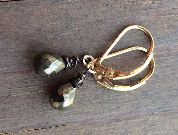 Petite Hematite Drops Earrings. Rustic Mixed Metal Jewelry. Tiny Dangle. Sterling Silver Gold Fill.  Mix And Match.
