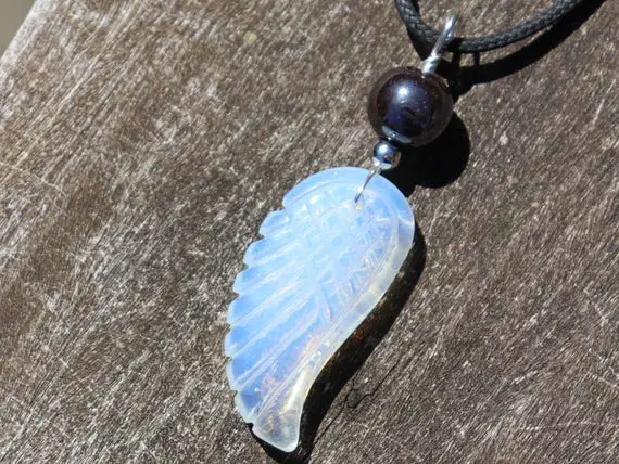 Opalite Carved Angel Wing With Hematite Healing Stone Necklace!