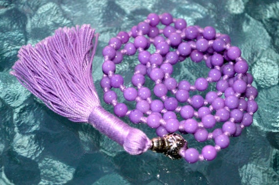 6 Mm Purple Jade Prayer Beads Japa Mala Necklace - Buddhist Karma 108+1 Beads -energized Rosary For Nirvana Meditation Awakening Chakras
