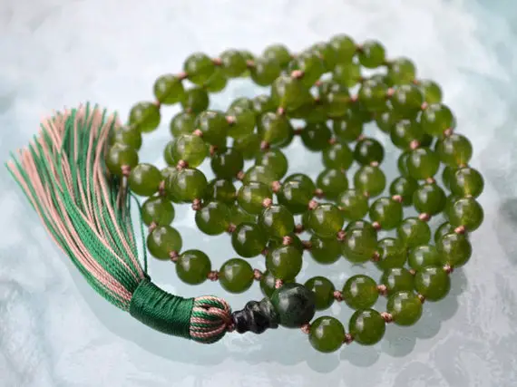 Hand Knotted Beads Mala, Healing Yoga Necklace Japa Mala 108 Green Olive Jade Nephrite Achieving Goals Memory Concentration Self Esteem