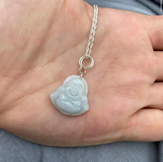The "laughing Buddha" Pendant Necklace/ Hand Carved/ Buddha/ Burmese Jade/ Gemstone/ Sterling Silver/ Chain/ Happiness/ Joy/ Pendant