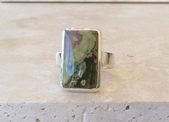 Mens Green Gemstone Silver Ring, Large Green Jasper Sterling Silver Ring, Stone Ring, Gift For Husband