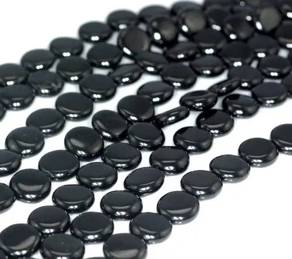 10mm Black Jet Gemstone Flat Round Coin Button Loose Beads 16 Inch Full Strand (90186928-826)