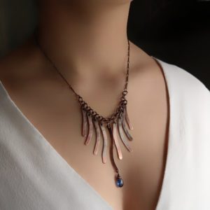 Shop Kyanite Jewelry! Fringe copper necklace with kyanite stone, Statement necklace, Kyanite necklace, Bar necklace, Boho necklace, Unique necklace, NK121 | Natural genuine Kyanite jewelry. Buy crystal jewelry, handmade handcrafted artisan jewelry for women.  Unique handmade gift ideas. #jewelry #beadedjewelry #beadedjewelry #gift #shopping #handmadejewelry #fashion #style #product #jewelry #affiliate #ad