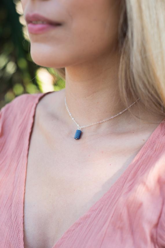 Tiny Raw Blue Kyanite Gemstone Pendant Choker Necklace In Gold, Silver, Bronze Or Rose Gold. Adjustable Length. Handmade To Order.