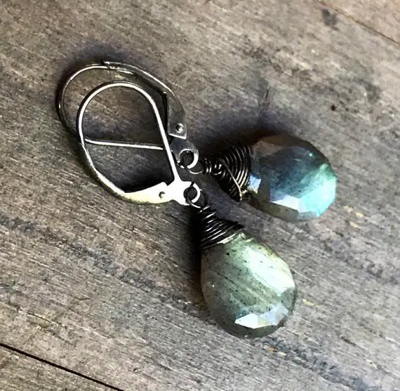 Rainbow Labradorite Earrings.  Tarnished Sterling Silver Leverbacks Dangles.  Oxidized Drops. Genuine Gemstone. Rustic Jewelry
