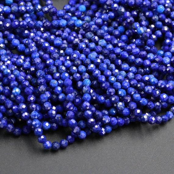 Micro Faceted Natural Blue Lapis Lazuli Round Beads Tiny Small 3mm Faceted Round Beads Diamond Cut Gemstone 15.5" Strand