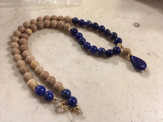 Lapis Necklace - Navy Blue Jewelry - Tan Fasol Coral Gemstone - Gold Jewellery - Statement - Beaded