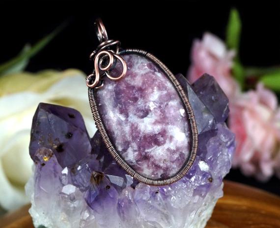 Copper Pendant With Lepidolite Gift For Her, Him Patinated Copper Jewelry Healing Crystals, Wire Wrapped With Leather Strap 55 Cm, Handmade