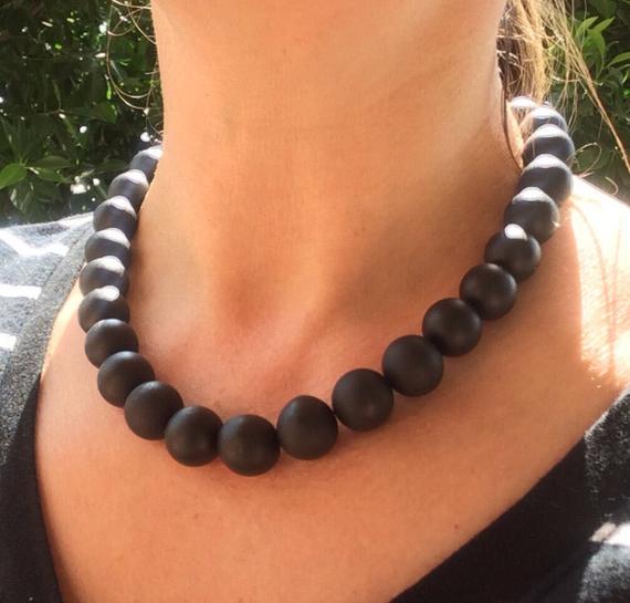 Matte Black Onyx Necklace Summer Night, 14mm Stone, Beaded Choker Necklace, Black Jewelry, Chunky Necklace