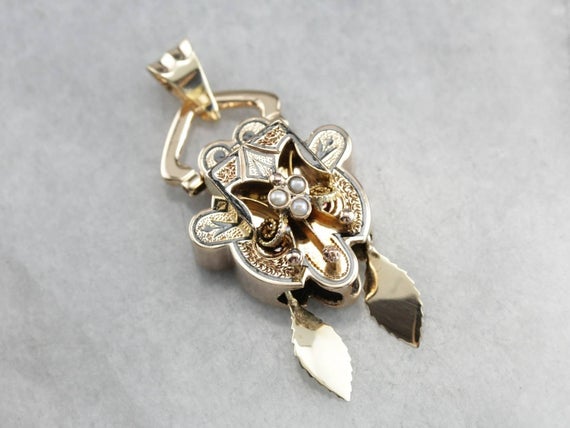 Victorian Seed Pearl Gold Pendant, Antique Black Enamel Pendant Ml83jy-p