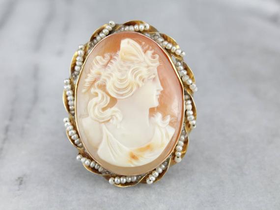 Vintage Cameo Brooch Or Pendant With Seed Pearl Accents Tc5tjr-r