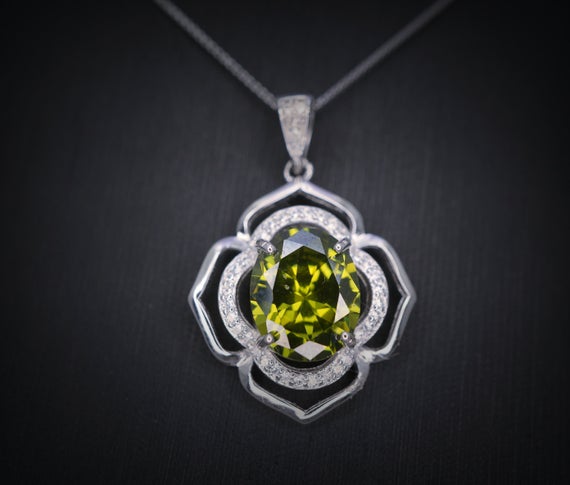 Sterling Silver Large Peridot  Necklace , Green Flower Of Life Necklace - Oval Cut 4.1 Ct Lab Green Peridot Flower Pendant #545